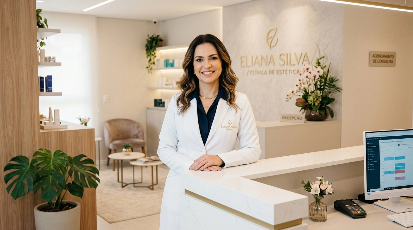 Dona de clínica de estética na recepção do consultório, resultado de uma estruturação comercial para clínica de estética bem aplicada