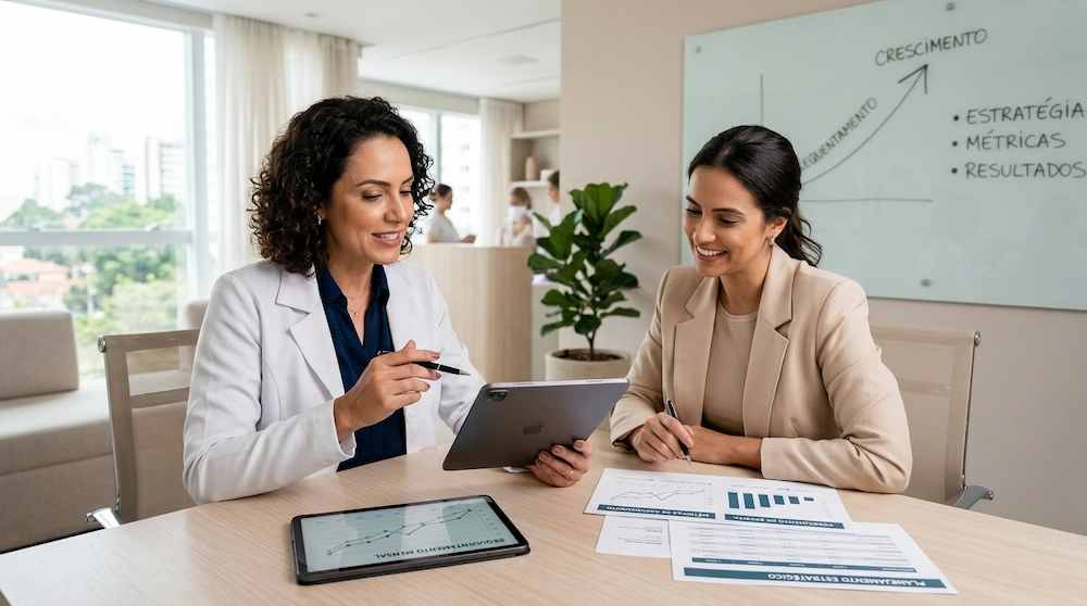 Dona de clínica de estética em reunião de indicadores com o gestor comercial, aplicando na prática a estruturação comercial para clínica de estética