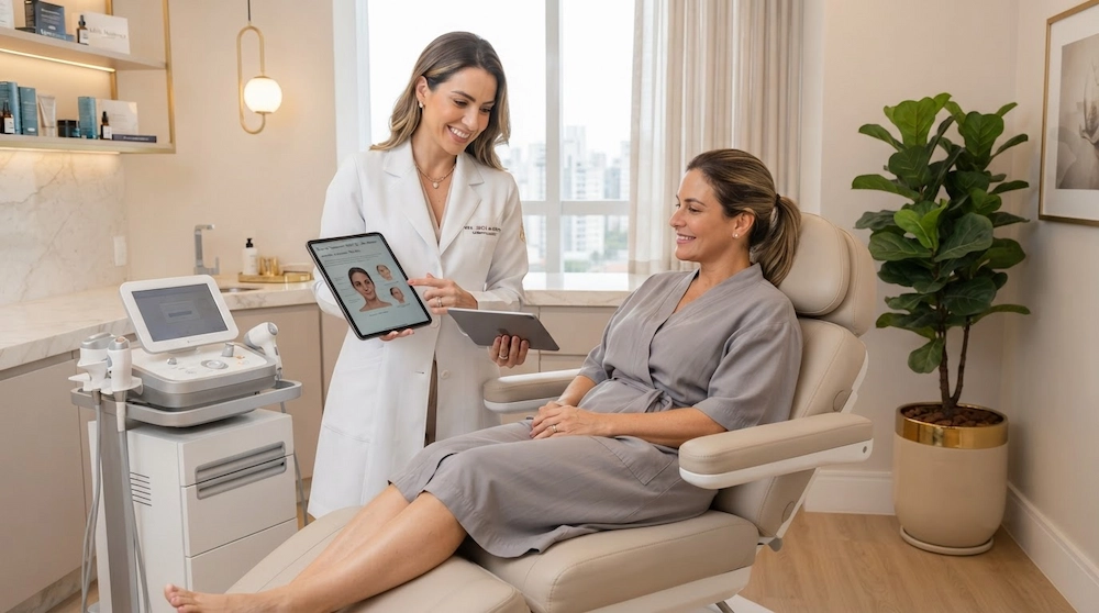 Médica e paciente na sala de procedimentos de uma clínica de estética gerida com estruturação comercial
