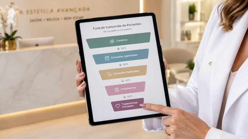 Funil de conversão de clínica estética no tablet: taxa de conversão de consulta em tratamento e KPIs de clínica estética
