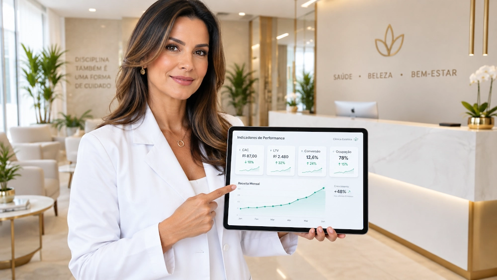 Dona de clínica de estética analisa dashboard de KPIs no tablet: indicadores para clínica estética com CAC, LTV e conversão