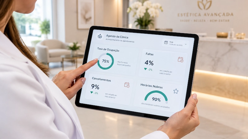 Painel de ocupação de agenda de clínica estética no tablet: métricas de KPIs de clínica estética como faltas e cancelamentos