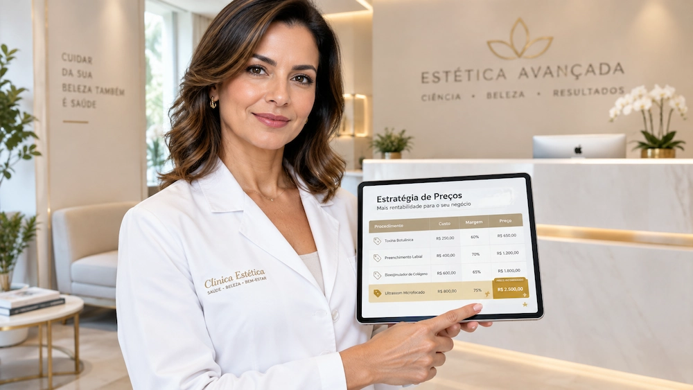 Dona de clínica de estética analisa tabela de precificação no tablet: precificação de procedimentos estéticos com custo, margem e preço