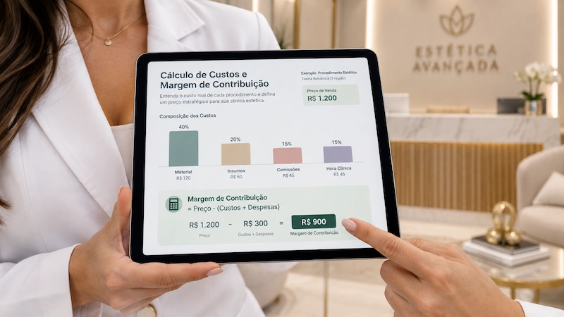 Cálculo de custos e margem de contribuição no tablet: precificação de procedimentos estéticos com custos variáveis e fórmula de margem