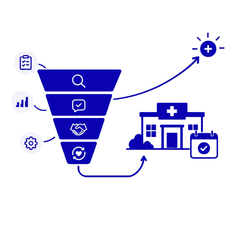 Processo comercial para clínica: funil com as etapas de diagnóstico, qualificação, fechamento e acompanhamento, gerando paciente agendado e lucro real