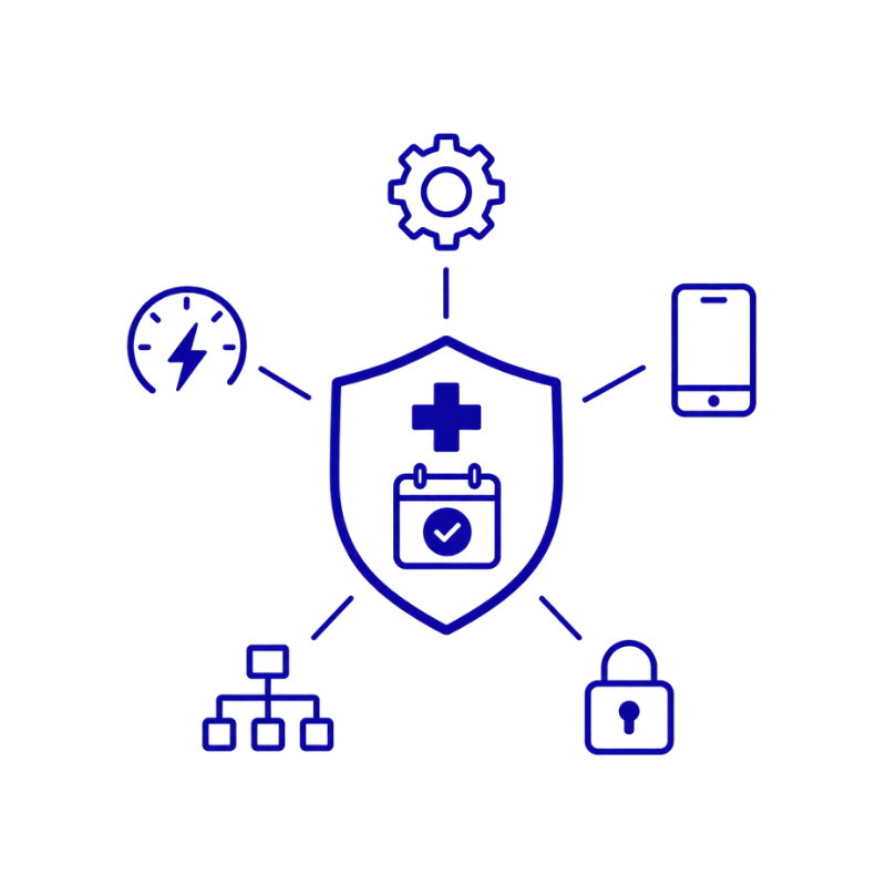 SEO técnico para clínica: escudo com cruz médica e calendário de agendamento, com ícones de schema markup, velocidade, mobile-first, sitemap e segurança, gerando site rápido e confiável
