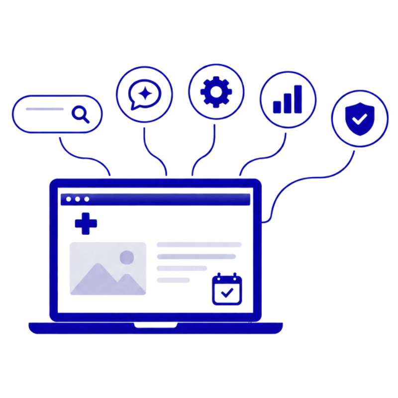 Site para clínica: notebook com a página da clínica, com ícones de otimização para o Google e IA (ChatGPT, Gemini, Perplexity), SEO técnico, monitoramento e segurança, gerando paciente agendado e lucro real