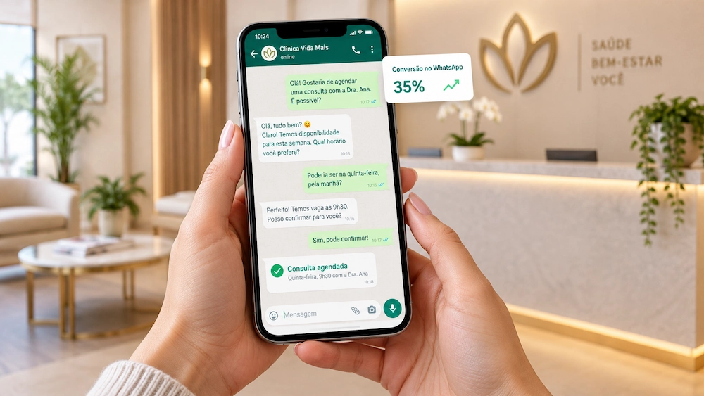 Close no celular com conversa do WhatsApp e consulta agendada: conversão no WhatsApp para clínicas odontológicas, médicas e de estética