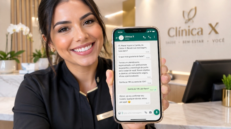 Atendente de clínica responde paciente pelo WhatsApp seguindo roteiro de atendimento: conversão no WhatsApp com saudação, perguntas e duas opções de horário