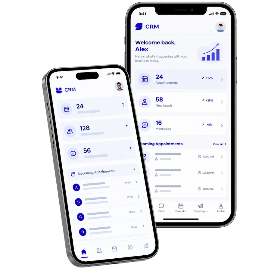 Dois celulares exibindo o aplicativo mobile do CRM para clínica da Dealcore, com dashboard de métricas, agendamentos e navegação por abas