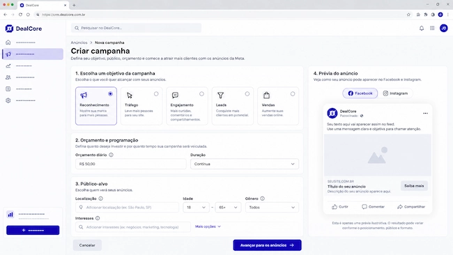Print da tela do CRM para clínica da Dealcore mostrando o gerenciador de anúncios com a configuração de campanha no estilo Meta Ads