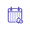 Ícone de agenda e lembretes do Dealcore CRM: calendário com sino de notificação representando horários confirmados e lembretes automáticos da clínica