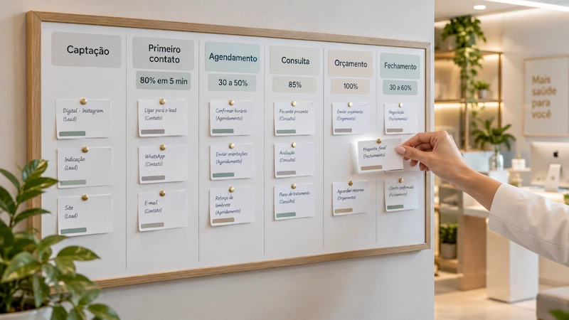 Quadro kanban da clínica com as 6 etapas e as taxas de referência de cada etapa do funil de vendas