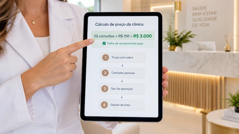 Tablet com a conta da precificação que paga a contratação do time: a cadeia da transição de médico empreendedor