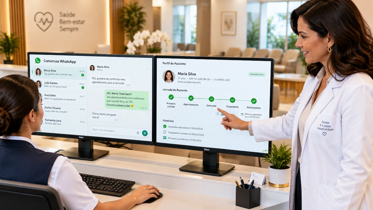 O que é CRM para clínicas na prática: recepção com duas telas mostrando as conversas do WhatsApp e a jornada completa do paciente no sistema