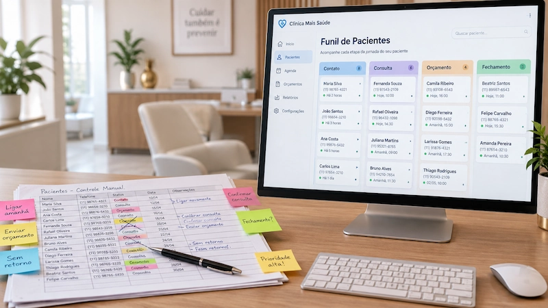 Comparação entre a planilha de papel caótica e o funil organizado na tela: na prática, o que é CRM para clínicas e quando a planilha deixa de resolver