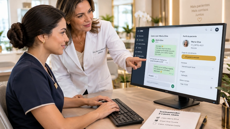 Treinamento da equipe com casos reais no sistema: na implantação, o que é CRM para clínicas se transforma em rotina do atendimento